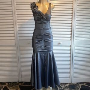 Xscape Gunmetal One-Shoulder Mermaid Gown with Rosette Detail